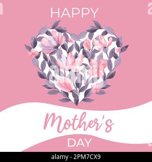 Biglietto di auguri per la giornata delle madri con fiori astratti, foglie viola e nastro sotto il tag a forma di cuore. Illustrazione del colore dell'acqua vettoriale. Per le carte, invito Illustrazione Vettoriale
