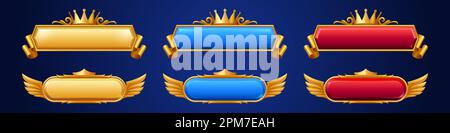 Set di pulsanti di gioco fantasy oro con corona e ali vettore cartoon. Contorno del titolo medievale dorato in giallo, blu e rosso per l'interfaccia dell'app del menu reale d'epoca. Illustrazione del pannello decorato vuoto isolato Illustrazione Vettoriale