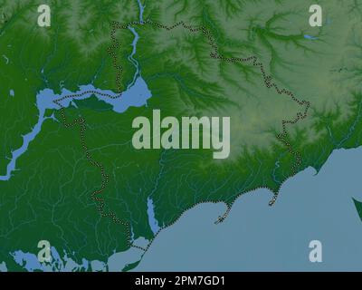 Zaporizhzhya, regione dell'Ucraina. Mappa di altitudine colorata con laghi e fiumi Foto Stock