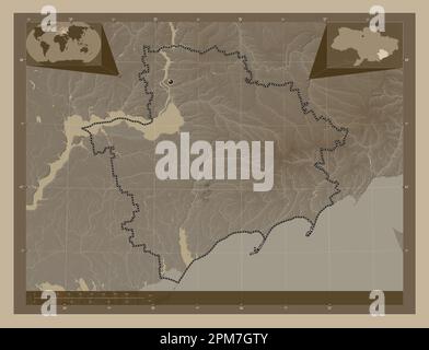 Zaporizhzhya, regione dell'Ucraina. Mappa dell'altitudine colorata in tonalità seppia con laghi e fiumi. Mappe delle posizioni ausiliarie degli angoli Foto Stock