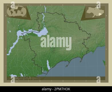 Zaporizhzhya, regione dell'Ucraina. Mappa dell'altitudine colorata in stile wiki con laghi e fiumi. Mappe delle posizioni ausiliarie degli angoli Foto Stock