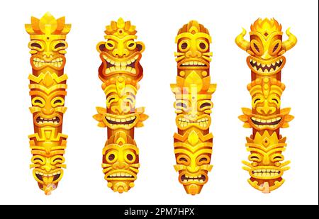 Oro tiki totem maschera statua vettore cartone animato. Icona a colonna della tribù hawaiana gialla isolata su sfondo bianco. Aztec dio uomo volto segno. Set tradizionale di design guerriero idolo. Collezione rituale polinesiana. Illustrazione Vettoriale