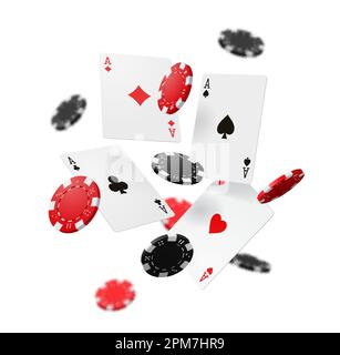 Carte da poker e chip da gioco del casinò volante. Carte vettoriali 3D, assi realistici di picche e mazze nere, cuori rossi e diamanti in plastica Illustrazione Vettoriale