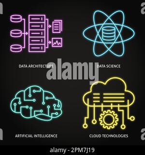 Set di icone al neon per la scienza dei dati e l'intelligenza artificiale. Illustrazione vettoriale. Illustrazione Vettoriale