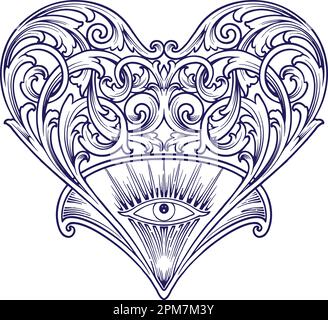 Classico elegante cuore vittoriano vortice fiorire ornamento con un occhio illustrazioni silhouette vettore per il tuo logo lavoro, t-shirt merchandise, adesivi Illustrazione Vettoriale