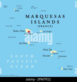 Isole Marquesas, mappa politica. Gruppo di isole vulcaniche, in Polinesia francese, una collettività d'oltremare della Francia, nell'Oceano Pacifico meridionale. Foto Stock