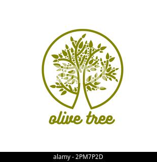 Olivo simbolo di alimenti biologici e biologici naturali, icona vettoriale dell'olio d'oliva. Emblema della cucina vegetariana e vegana per l'olio extra vergine di oliva Illustrazione Vettoriale