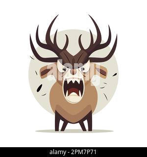 Design del logo del cervo. Grazioso orso arrabbiato isolato. Immagine di un cervo con corna in stile piatto. Illustrazione vettoriale Illustrazione Vettoriale