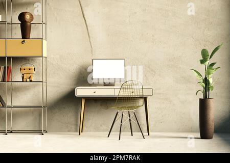 Foto ritagliata di uno spazio di lavoro minimo con un laptop mock-up e uno smartphone su un tavolo bianco. illustrazione 3d Foto Stock