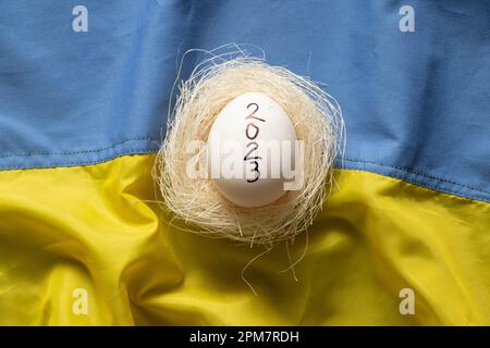 2023 è scritto su un uovo di pollo bianco che giace in un nido sulle bandiere dell'Ucraina Foto Stock