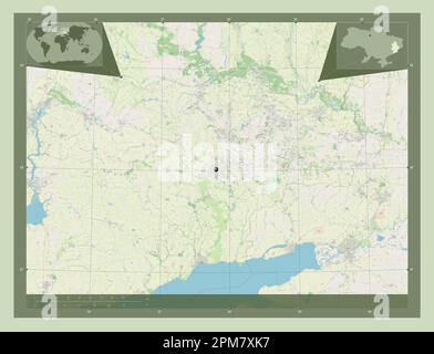Donets'k, regione dell'Ucraina. Aprire la mappa stradale. Mappe delle posizioni ausiliarie degli angoli Foto Stock