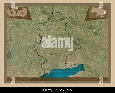 Donets'k, regione dell'Ucraina. Mappa satellitare a bassa risoluzione. Mappe delle posizioni ausiliarie degli angoli Foto Stock