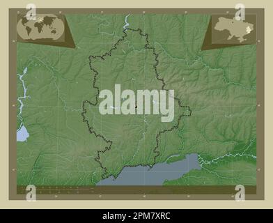Donets'k, regione dell'Ucraina. Mappa dell'altitudine colorata in stile wiki con laghi e fiumi. Mappe delle posizioni ausiliarie degli angoli Foto Stock