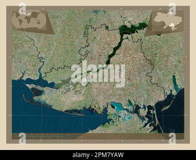 Kherson, regione dell'Ucraina. Mappa satellitare ad alta risoluzione. Mappe delle posizioni ausiliarie degli angoli Foto Stock