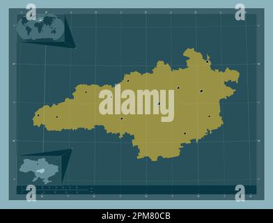 Kirovohrad, regione dell'Ucraina. Forma a tinta unita. Posizioni delle principali città della regione. Mappe delle posizioni ausiliarie degli angoli Foto Stock