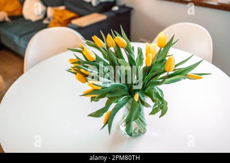 Tulipani gialli freschi e luminosi su sfondo bianco da tavolo. Mazzo di tulipani gialli in grande vaso di vetro interno bianco. Fiori primaverili in vaso di vetro su bianco Foto Stock