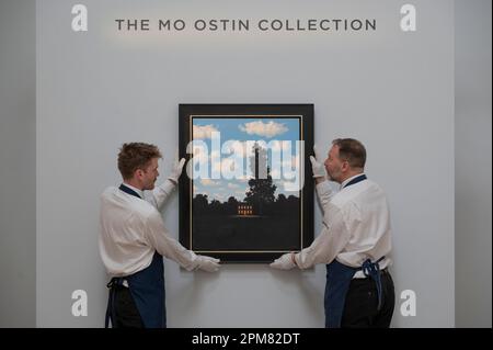 Sotheby's, Londra, Regno Unito. 12th Apr, 2023. Capolavori moderni e contemporanei di Picasso, Magritte, Basquiat, Fontana, Richter e Hammershøi vengono svelati a Londra prima dell'asta di maggio a New York. Immagine: Asta serale moderna, 16 maggio 2023, New York. René Magritte, L’Empire des lumieres, 1951, stima $35.000.000-45.000.000. Credit: Malcolm Park/Alamy Live News Foto Stock