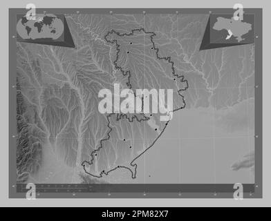 Odessa, regione dell'Ucraina. Mappa in scala di grigi con laghi e fiumi. Posizioni delle principali città della regione. Mappe delle posizioni ausiliarie degli angoli Foto Stock