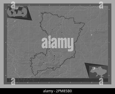 Rivne, regione dell'Ucraina. Mappa altimetrica bilivello con laghi e fiumi. Posizioni delle principali città della regione. Mappe delle posizioni ausiliarie degli angoli Foto Stock