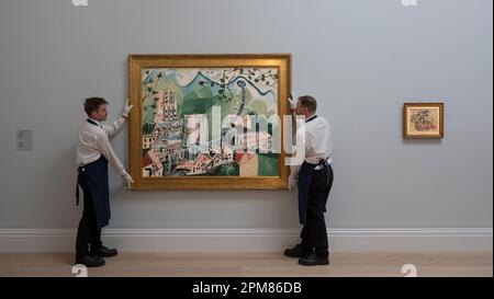 Sotheby's, Londra, Regno Unito. 12th Apr, 2023. Capolavori moderni e contemporanei di Picasso, Magritte, Basquiat, Fontana, Richter e Hammershøi vengono svelati a Londra prima dell'asta di maggio a New York. Immagine: Asta serale moderna, 16 maggio 2023, New York. Pablo Picasso, Paysage, 1965, stima $ 7.000.000-10.000.000. Credit: Malcolm Park/Alamy Live News Foto Stock