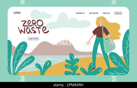 Concetto zero spreco del negozio del Internet. Modello di landing page. Banner Web. Ragazza con borsa riutilizzabile. Vita ecologica. Illustrazione Vettoriale