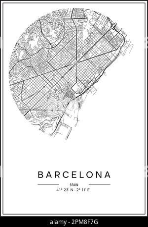 Mappa stampabile in bianco e nero della città di Barcellona, poster design, vettoriale. Illustrazione Vettoriale