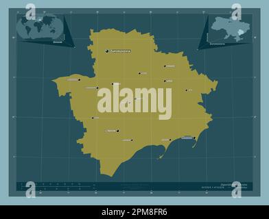 Zaporizhzhya, regione dell'Ucraina. Forma a tinta unita. Località e nomi delle principali città della regione. Mappe delle posizioni ausiliarie degli angoli Foto Stock