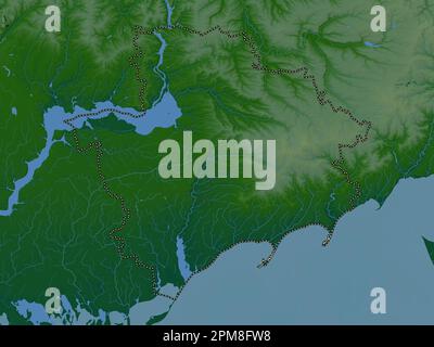 Zaporizhzhya, regione dell'Ucraina. Mappa di altitudine colorata con laghi e fiumi Foto Stock