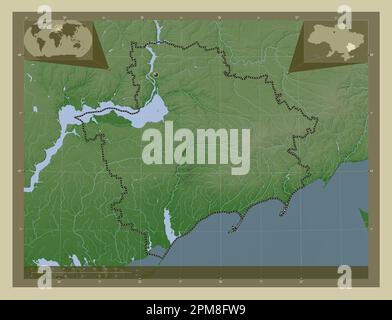 Zaporizhzhya, regione dell'Ucraina. Mappa dell'altitudine colorata in stile wiki con laghi e fiumi. Mappe delle posizioni ausiliarie degli angoli Foto Stock