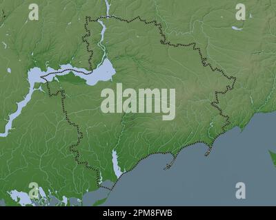 Zaporizhzhya, regione dell'Ucraina. Mappa dell'altitudine colorata in stile wiki con laghi e fiumi Foto Stock