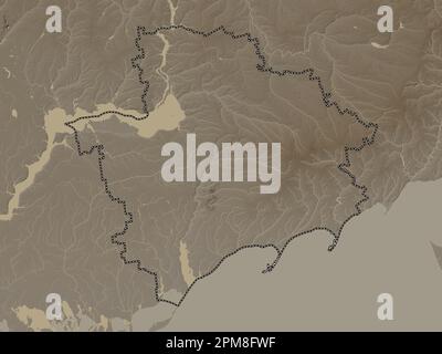 Zaporizhzhya, regione dell'Ucraina. Mappa dell'altitudine colorata in tonalità seppia con laghi e fiumi Foto Stock