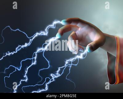 Mago con le dita per creare dei bulloni energetici. Illustrazione digitale. Foto Stock