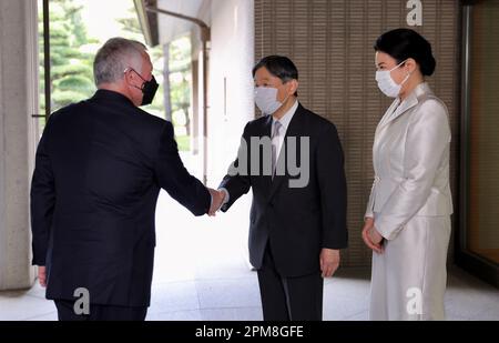 Tokyo, Giappone. 12th Apr, 2023. Il re di Giordania Abdullah II ricevette l'imperatore Naruhito e l'imperatrice Masako del Giappone al Palazzo Imperiale di Tokyo, Giappone, il 11 aprile 2023. Foto di Balkis Press/ABACAPRESS.COM Credit: Abaca Press/Alamy Live News Foto Stock