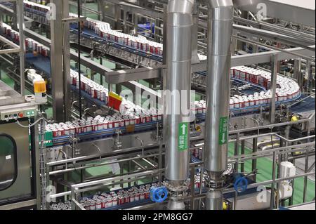 SUQIAN, CINA - 12 APRILE 2023 - una linea di produzione automatizzata di birra Budweiser è stata vista in un laboratorio di Anheuser-Busch InBev (Suqian) Beer Co LTD in Foto Stock