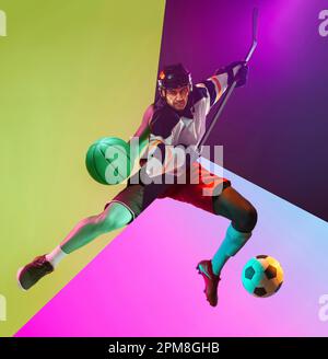 Immagine composita dell'uomo che fa diversi tipi di calcio maschile, basket, hockey, football americano su sfondo multicolore Foto Stock