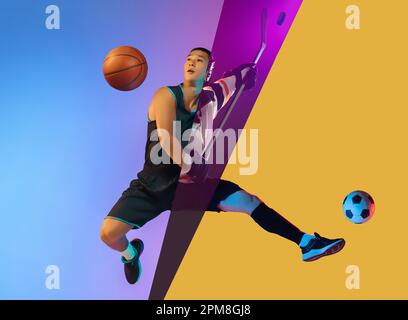 Immagine composita della foto ritagliata dell'uomo asiatico che fa vari tipi di calcio sportivo, basket, hockey su sfondo multicolore in luce al neon Foto Stock