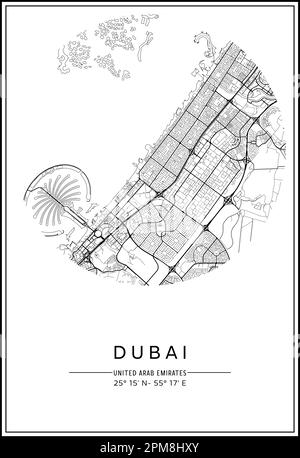 Mappa stampabile in bianco e nero della città di Dubai, poster design, vettoriale. Illustrazione Vettoriale