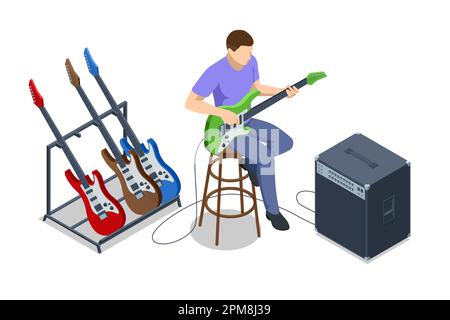Chitarra elettrica realistica isometrica. Uomo che suona una chitarra elettrica e un amplificatore combo vicino isolato su sfondo bianco Illustrazione Vettoriale