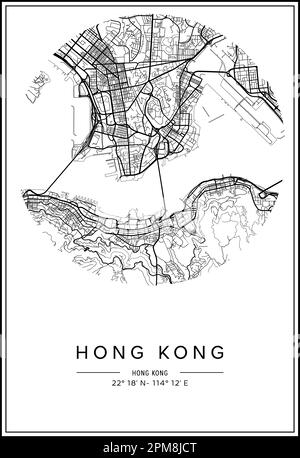 Mappa stampabile in bianco e nero della città di Hong Kong, poster design, vettoriale. Illustrazione Vettoriale