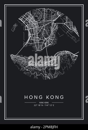 Mappa stampabile in bianco e nero della città di Hong Kong, poster design, vettoriale. Illustrazione Vettoriale