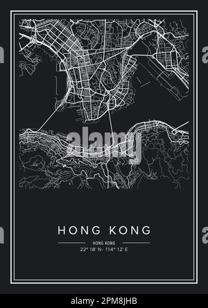 Mappa stampabile in bianco e nero della città di Hong Kong, poster design, vettoriale. Illustrazione Vettoriale