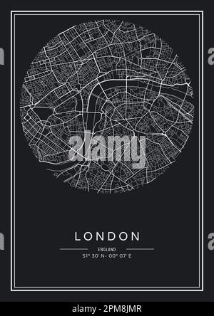 Mappa stampabile in bianco e nero della città di Londra, poster design, vettoriale. Illustrazione Vettoriale