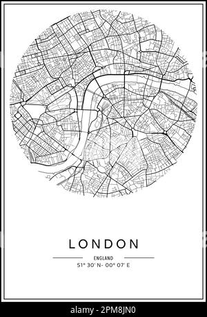 Mappa stampabile in bianco e nero della città di Londra, poster design, vettoriale. Illustrazione Vettoriale