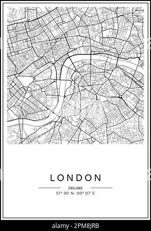 Mappa stampabile in bianco e nero della città di Londra, poster design, vettoriale. Illustrazione Vettoriale