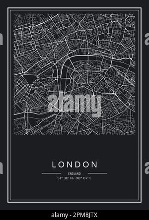 Mappa stampabile in bianco e nero della città di Londra, poster design, vettoriale. Illustrazione Vettoriale