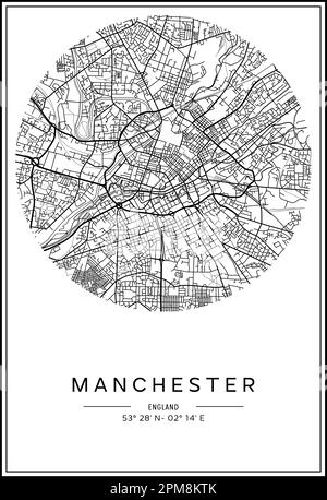 Mappa stampabile in bianco e nero della città di Manchester, poster design, vettoriale. Illustrazione Vettoriale