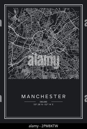 Mappa stampabile in bianco e nero della città di Manchester, poster design, vettoriale. Illustrazione Vettoriale