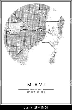 Mappa stampabile in bianco e nero della città di Miami, poster design, vettoriale. Illustrazione Vettoriale