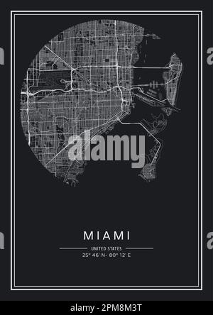 Mappa stampabile in bianco e nero della città di Miami, poster design, vettoriale. Illustrazione Vettoriale