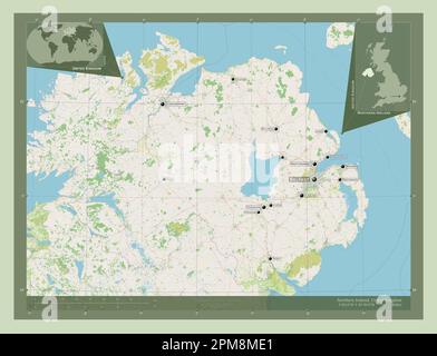 Irlanda del Nord, regione del Regno Unito. Aprire la mappa stradale. Località e nomi delle principali città della regione. Mappe delle posizioni ausiliarie degli angoli Foto Stock